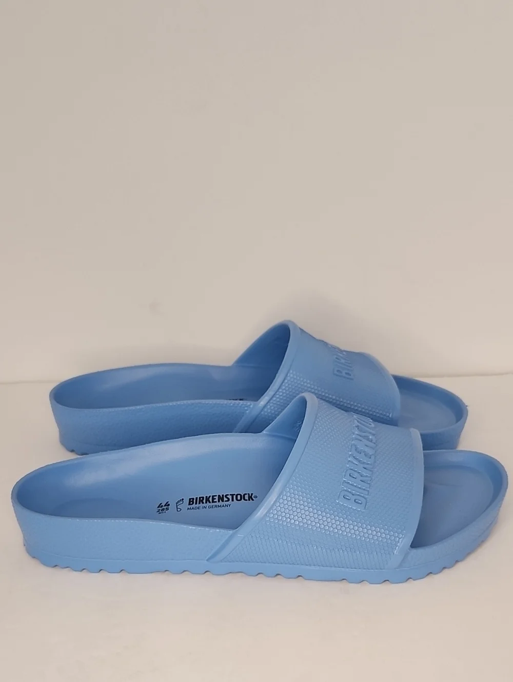 Birkenstock Light Blue Slide Sandals with Embossed Strap